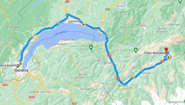 Geneva airport to Crans Montana transfer map