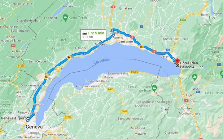 Geneva airport to Montreux transfer map