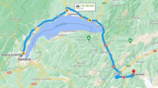 Geneva airport to Verbier transfer map